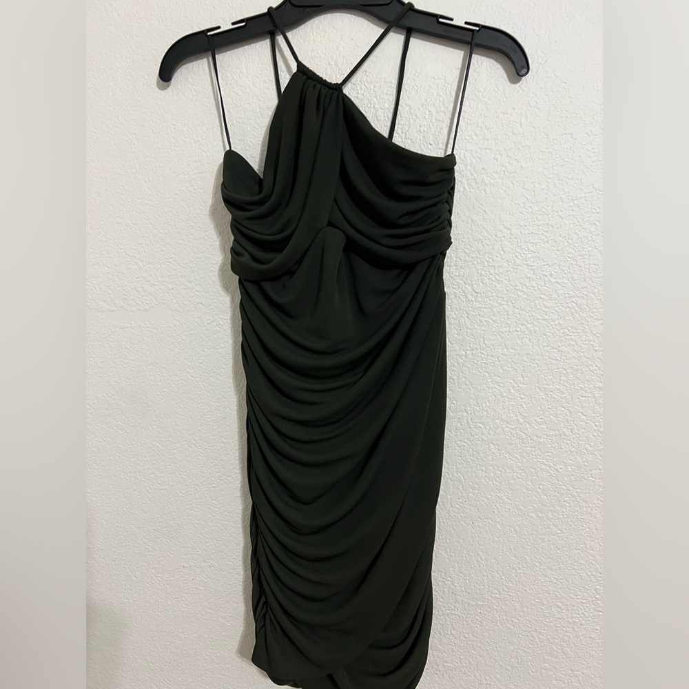 Zara Green Ruched Asymmetrical Midi Dress
